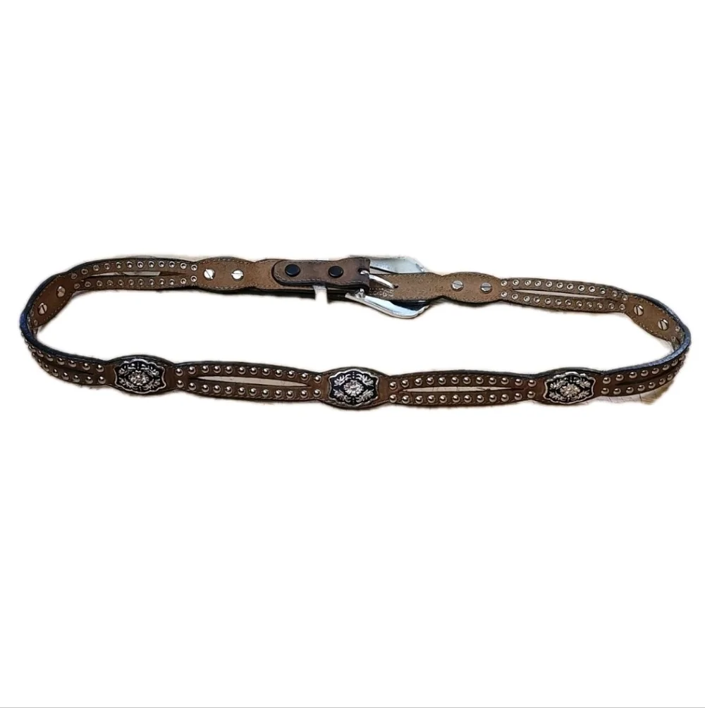 Vtg Nocona 3012044 Western Cut Away Brown Leather Studded Belt Adult Sz 36-40